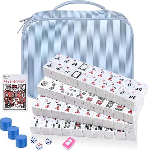 Portable American Mahjong Set, 166 Mahjong Tiles with Carrying Bag, 3 Dice, 40 Chips, Wind Indicator, Instruction Book, Compact Travel Game Set in Kuwait