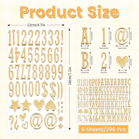 296Pcs 3D Gold Letter Stickers 6Sheets Puffy Letter and Number Stickers Self Adhesive,Golden Foam Alphabet Stickers Stick on Letters for Grad Cap Decorations Scrapbook Mailbox Craft Poster Party Decor in Saudi Arabia