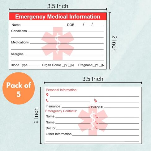 Emergency Medical Information ID Card Pack of 5 | Emergency Contact ID Cards for Wallet Phone Pocket Handbags in Kuwait