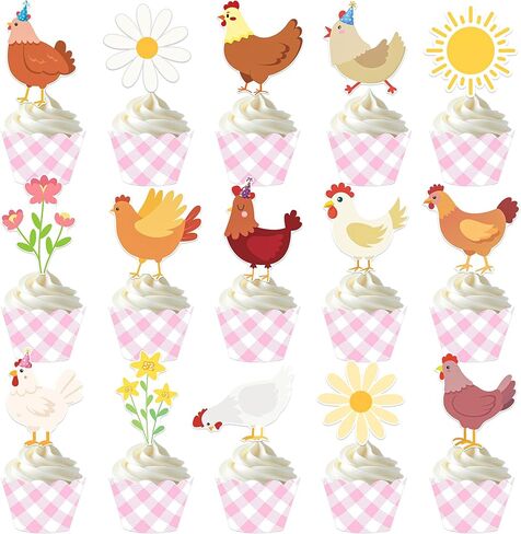 Chicken and Daisy Cupcake Toppers and Wrappers Floral Chicken Birthday Decoration 48Pcs Pink Gingham Cupcake Liners barnyard Hen Themed Cake Decor for Farm Animals Bday Baby Shower Supplies in Saudi Arabia