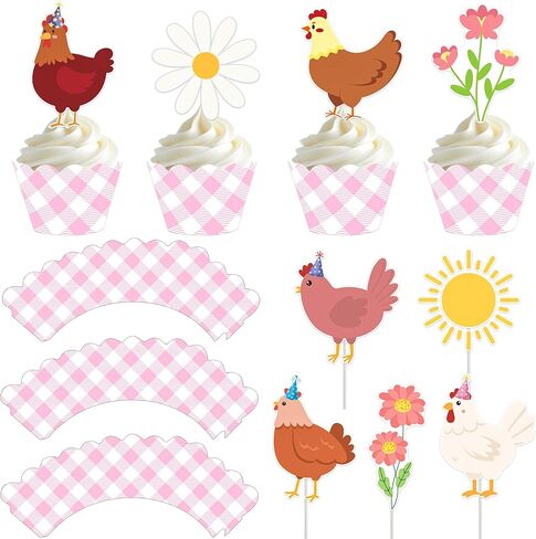 Chicken and Daisy Cupcake Toppers and Wrappers Floral Chicken Birthday Decoration 48Pcs Pink Gingham Cupcake Liners barnyard Hen Themed Cake Decor for Farm Animals Bday Baby Shower Supplies in Saudi Arabia