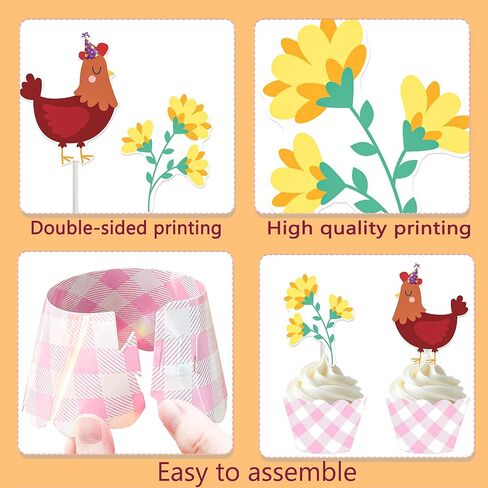 Chicken and Daisy Cupcake Toppers and Wrappers Floral Chicken Birthday Decoration 48Pcs Pink Gingham Cupcake Liners barnyard Hen Themed Cake Decor for Farm Animals Bday Baby Shower Supplies in Saudi Arabia