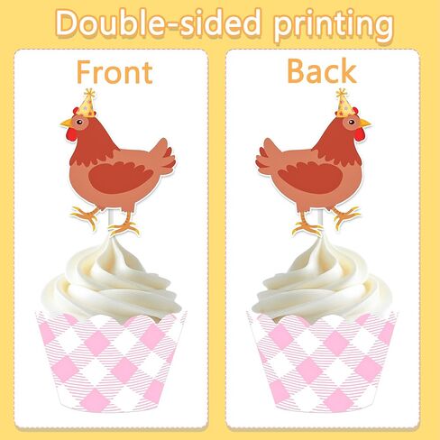 Chicken and Daisy Cupcake Toppers and Wrappers Floral Chicken Birthday Decoration 48Pcs Pink Gingham Cupcake Liners barnyard Hen Themed Cake Decor for Farm Animals Bday Baby Shower Supplies in Saudi Arabia