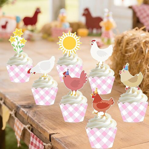 Chicken and Daisy Cupcake Toppers and Wrappers Floral Chicken Birthday Decoration 48Pcs Pink Gingham Cupcake Liners barnyard Hen Themed Cake Decor for Farm Animals Bday Baby Shower Supplies in Saudi Arabia