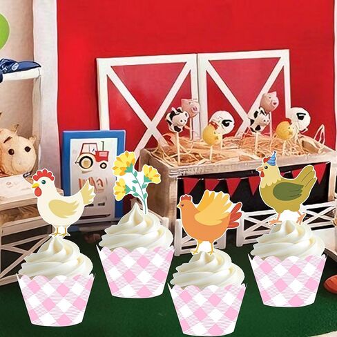 Chicken and Daisy Cupcake Toppers and Wrappers Floral Chicken Birthday Decoration 48Pcs Pink Gingham Cupcake Liners barnyard Hen Themed Cake Decor for Farm Animals Bday Baby Shower Supplies in Saudi Arabia