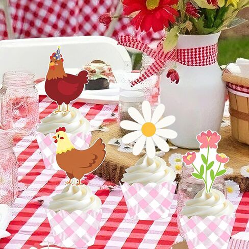 Chicken and Daisy Cupcake Toppers and Wrappers Floral Chicken Birthday Decoration 48Pcs Pink Gingham Cupcake Liners barnyard Hen Themed Cake Decor for Farm Animals Bday Baby Shower Supplies in Saudi Arabia