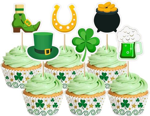 48Pcs St. Patrick’s Day Cupcake Toppers Shamrock Leprechaun Hat Horseshoe Gold Coin Cupcake Picks for Irish Party Decorations in Saudi Arabia