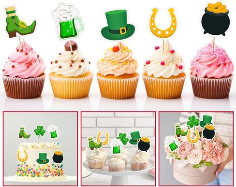 48Pcs St. Patrick’s Day Cupcake Toppers Shamrock Leprechaun Hat Horseshoe Gold Coin Cupcake Picks for Irish Party Decorations in Saudi Arabia