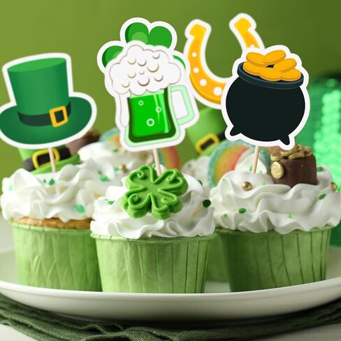 48Pcs St. Patrick’s Day Cupcake Toppers Shamrock Leprechaun Hat Horseshoe Gold Coin Cupcake Picks for Irish Party Decorations in Saudi Arabia