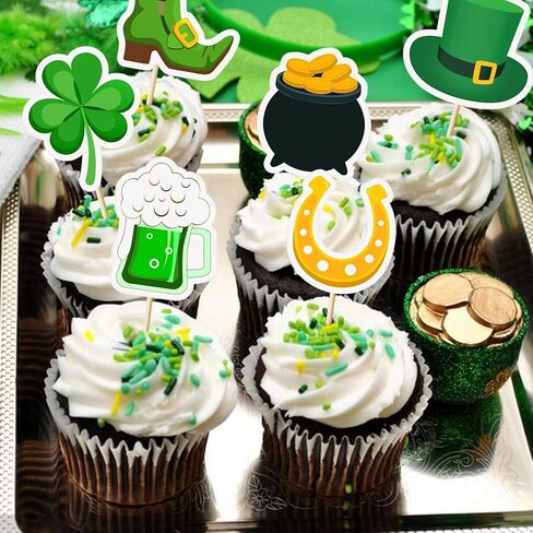 48Pcs St. Patrick’s Day Cupcake Toppers Shamrock Leprechaun Hat Horseshoe Gold Coin Cupcake Picks for Irish Party Decorations in Saudi Arabia
