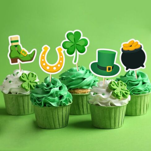 48Pcs St. Patrick’s Day Cupcake Toppers Shamrock Leprechaun Hat Horseshoe Gold Coin Cupcake Picks for Irish Party Decorations in Saudi Arabia