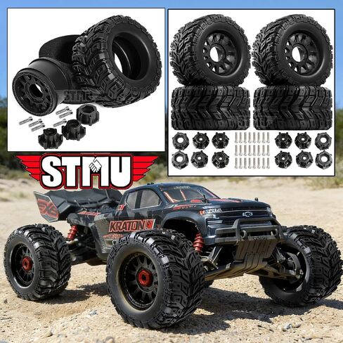 STMU 1/10 RC Wheels and Truck Tires 12mm/14mm/17mm Hex for 1/10 Rock Granite Vortek/Stampede Rustler Hoss/L0s1 Rc 4wd,RC Monster Truck Car Wheel 4Pcs (Black) in Saudi Arabia