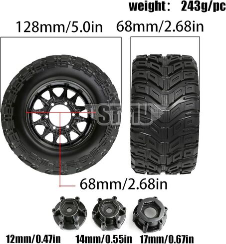STMU 1/10 RC Wheels and Truck Tires 12mm/14mm/17mm Hex for 1/10 Rock Granite Vortek/Stampede Rustler Hoss/L0s1 Rc 4wd,RC Monster Truck Car Wheel 4Pcs (Black) in Saudi Arabia