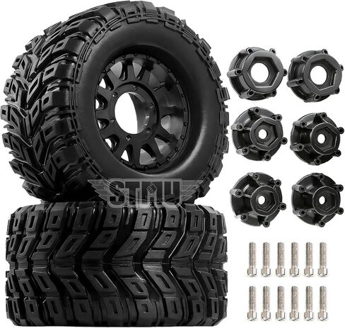 STMU 1/10 RC Wheels and Truck Tires 12mm/14mm/17mm Hex for 1/10 Rock Granite Vortek/Stampede Rustler Hoss/L0s1 Rc 4wd,RC Monster Truck Car Wheel 4Pcs (Black) in Saudi Arabia