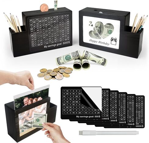 Wooden Money Saving Box Cash Vault with Numbers Challenge Target Photo Frame and Pen Holder with Triple Function $500 $1,000 $3,000 $5,000 $7,000 $10,000 Suitable for Adults Children (Black) in Saudi Arabia