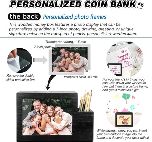 Wooden Money Saving Box Cash Vault with Numbers Challenge Target Photo Frame and Pen Holder with Triple Function $500 $1,000 $3,000 $5,000 $7,000 $10,000 Suitable for Adults Children (Black) in Saudi Arabia