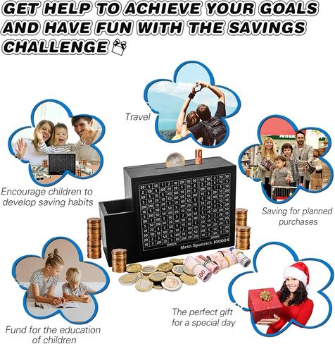 Wooden Money Saving Box Cash Vault with Numbers Challenge Target Photo Frame and Pen Holder with Triple Function $500 $1,000 $3,000 $5,000 $7,000 $10,000 Suitable for Adults Children (Black) in Saudi Arabia