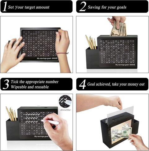 Wooden Money Saving Box Cash Vault with Numbers Challenge Target Photo Frame and Pen Holder with Triple Function $500 $1,000 $3,000 $5,000 $7,000 $10,000 Suitable for Adults Children (Black) in Saudi Arabia
