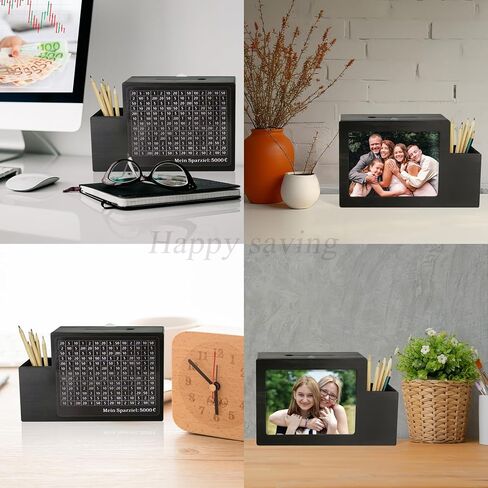 Wooden Money Saving Box Cash Vault with Numbers Challenge Target Photo Frame and Pen Holder with Triple Function $500 $1,000 $3,000 $5,000 $7,000 $10,000 Suitable for Adults Children (Black) in Saudi Arabia