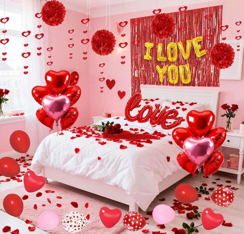 Red Valentines Day Decorations Set, I Love You Banner 1000Pcs Rose Petals Red Pink Heart Hanging Streamer Foil Balloons Paper Pompom Foil Curtain for Wedding Romantic Anniversary Party Decor in Saudi Arabia