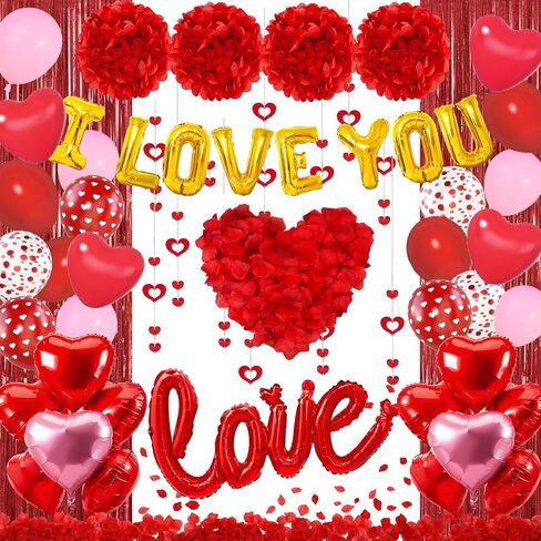 Red Valentines Day Decorations Set, I Love You Banner 1000Pcs Rose Petals Red Pink Heart Hanging Streamer Foil Balloons Paper Pompom Foil Curtain for Wedding Romantic Anniversary Party Decor in Saudi Arabia