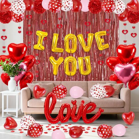 Red Valentines Day Decorations Set, I Love You Banner 1000Pcs Rose Petals Red Pink Heart Hanging Streamer Foil Balloons Paper Pompom Foil Curtain for Wedding Romantic Anniversary Party Decor in Saudi Arabia