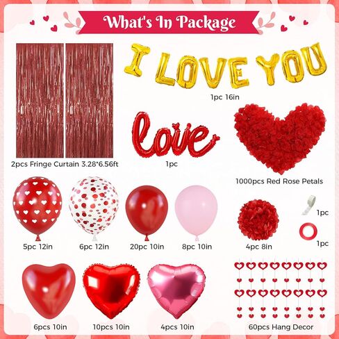 Red Valentines Day Decorations Set, I Love You Banner 1000Pcs Rose Petals Red Pink Heart Hanging Streamer Foil Balloons Paper Pompom Foil Curtain for Wedding Romantic Anniversary Party Decor in Saudi Arabia