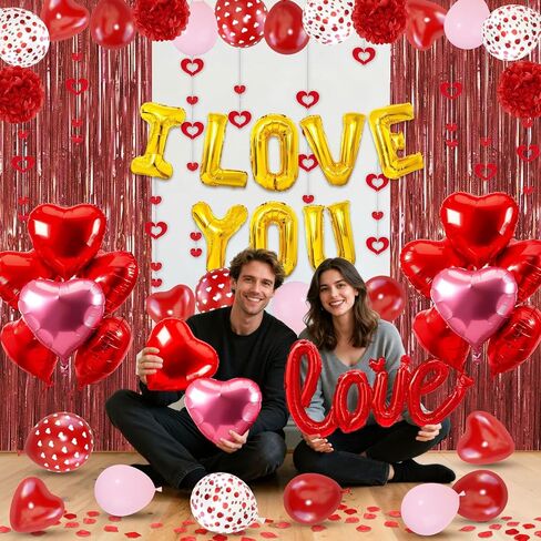 Red Valentines Day Decorations Set, I Love You Banner 1000Pcs Rose Petals Red Pink Heart Hanging Streamer Foil Balloons Paper Pompom Foil Curtain for Wedding Romantic Anniversary Party Decor in Saudi Arabia