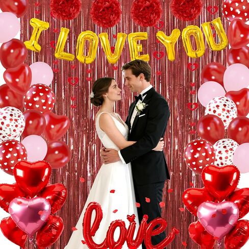 Red Valentines Day Decorations Set, I Love You Banner 1000Pcs Rose Petals Red Pink Heart Hanging Streamer Foil Balloons Paper Pompom Foil Curtain for Wedding Romantic Anniversary Party Decor in Saudi Arabia