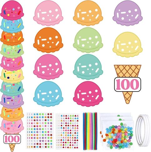 Tinlade 8 Sets 100th Day Ice Cream Count Crafts with 80 Ice Cream Scoops 80 Cone and 800 Sprinkles Accessories Include Gems Stickers Pom-poms Pipe Bulk for 100th Day Crafts Party Activities in Saudi Arabia