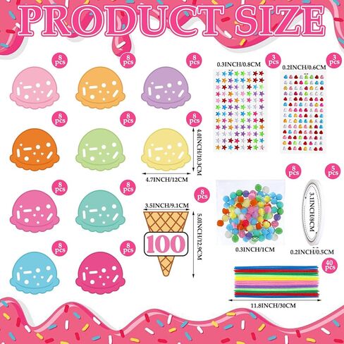 Tinlade 8 Sets 100th Day Ice Cream Count Crafts with 80 Ice Cream Scoops 80 Cone and 800 Sprinkles Accessories Include Gems Stickers Pom-poms Pipe Bulk for 100th Day Crafts Party Activities in Saudi Arabia