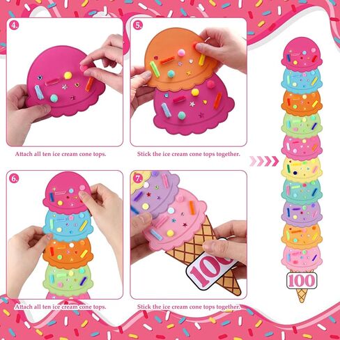 Tinlade 8 Sets 100th Day Ice Cream Count Crafts with 80 Ice Cream Scoops 80 Cone and 800 Sprinkles Accessories Include Gems Stickers Pom-poms Pipe Bulk for 100th Day Crafts Party Activities in Saudi Arabia