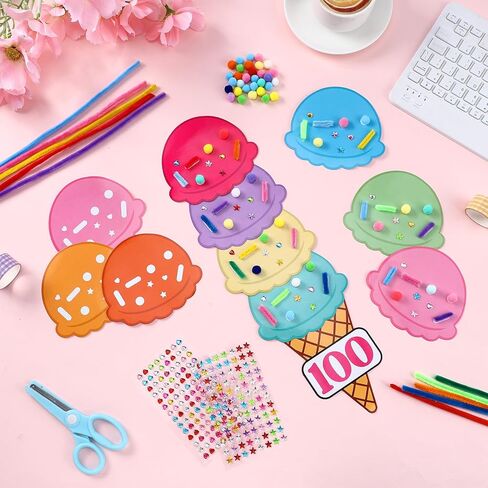 Tinlade 8 Sets 100th Day Ice Cream Count Crafts with 80 Ice Cream Scoops 80 Cone and 800 Sprinkles Accessories Include Gems Stickers Pom-poms Pipe Bulk for 100th Day Crafts Party Activities in Saudi Arabia