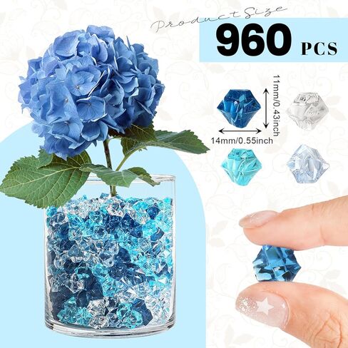 مكعبات ثلج وهمية، 960 قطعة من الصخور الملونة للمزهريات، ألماس بلاستيكي 11 * 14 مم، حشوات مزهرية مكعبات ثلج بلاستيكية للقطع المركزية (أزرق فاتح، أزرق ساطع، أزرق داكن، شفاف) in Kuwait
