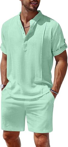COOFANDY Men's 2 Pieces Linen Set Henley Shirt Short Sleeve and Shorts Summer Beach Yoga Matching Outfits in Saudi Arabia