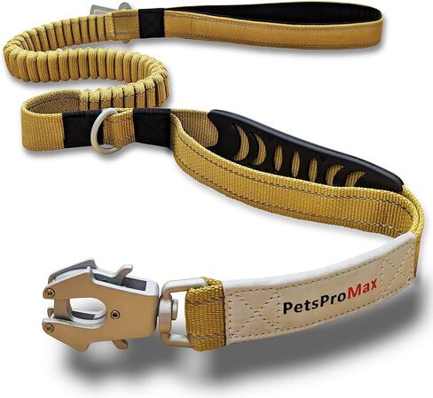 PetsProMax Tactical Dog Leash – Heavy-Duty Bungee Leash with Car Seat Belt Metal Clip & Advanced Easy-to-Use Frog Buckle, 360° Rotatable Hook, 5-7 Feet Stretchable (Brown, Chrome Buckle) in Kuwait