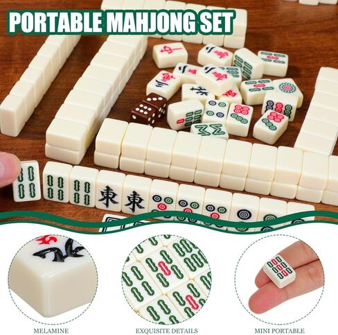 IMIKEYA Mini Mahjong Game Mahjong Tiles Set: مجموعة صغيرة من 146 بلاطة محمولة للسفر مع حقيبة حمل بنية مجموعات بلاط Mahjongs صغيرة لحفلات الألعاب العائلية والسفر in Kuwait