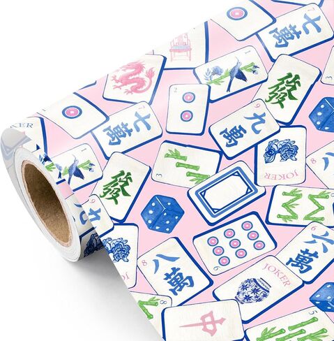 لفة ورق تغليف Mahjong من WRAPAHOLIC - لفة صغيرة - 17 بوصة × 16.5 قدم - ورق تغليف مضحك باللون الوردي والصيني الأزرق من Mahjong لأعياد الميلاد والزفاف وحفلات الزفاف in Saudi Arabia