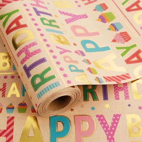 Aimyoo Colorful Birthday Wrapping Paper Roll - 17 Inch X 16.4 Feet - Gold Foil Happy Birthday Lettering, Cupcake & Flags Design Gift Wrap for Kids, Baby Showers in Saudi Arabia