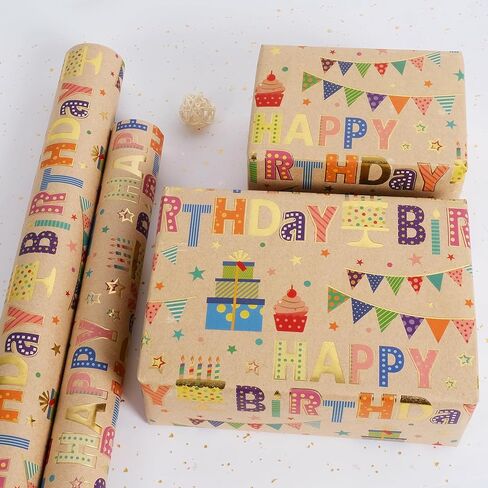 Aimyoo Colorful Birthday Wrapping Paper Roll - 17 Inch X 16.4 Feet - Gold Foil Happy Birthday Lettering, Cupcake & Flags Design Gift Wrap for Kids, Baby Showers in Saudi Arabia