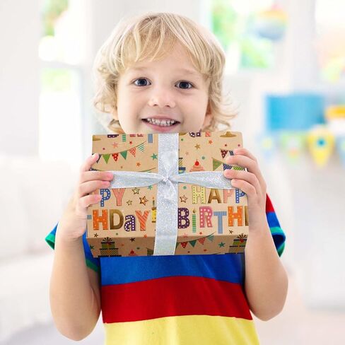 Aimyoo Colorful Birthday Wrapping Paper Roll - 17 Inch X 16.4 Feet - Gold Foil Happy Birthday Lettering, Cupcake & Flags Design Gift Wrap for Kids, Baby Showers in Saudi Arabia
