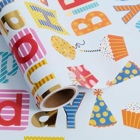 Aimyoo Colorful Birthday Wrapping Paper Roll - 17 Inch X 16.4 Feet - Gold Foil Happy Birthday Lettering, Cupcake & Flags Design Gift Wrap for Kids, Baby Showers in Saudi Arabia