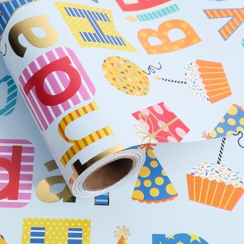 Aimyoo Colorful Birthday Wrapping Paper Roll - 17 Inch X 16.4 Feet - Gold Foil Happy Birthday Lettering, Cupcake & Flags Design Gift Wrap for Kids, Baby Showers in Saudi Arabia
