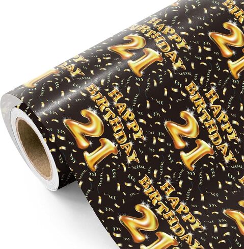 لفة ورق تغليف عيد الميلاد الحادي والعشرين من WRAPAHOLIC - لفة صغيرة - 17 بوصة × 16.5 قدم - بالونات سوداء وذهبية، ورق تغليف عيد ميلاد سعيد مثالي للرجل، والحفلات، والعطلات in Kuwait