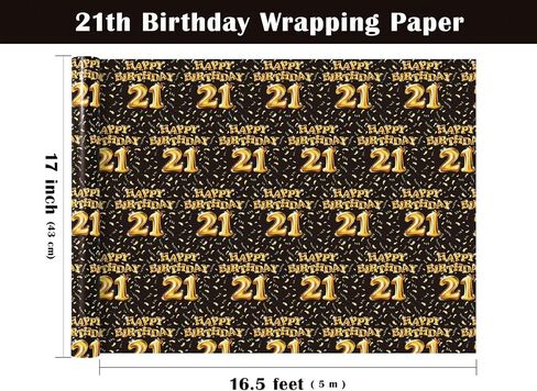 لفة ورق تغليف عيد الميلاد الحادي والعشرين من WRAPAHOLIC - لفة صغيرة - 17 بوصة × 16.5 قدم - بالونات سوداء وذهبية، ورق تغليف عيد ميلاد سعيد مثالي للرجل، والحفلات، والعطلات in Kuwait