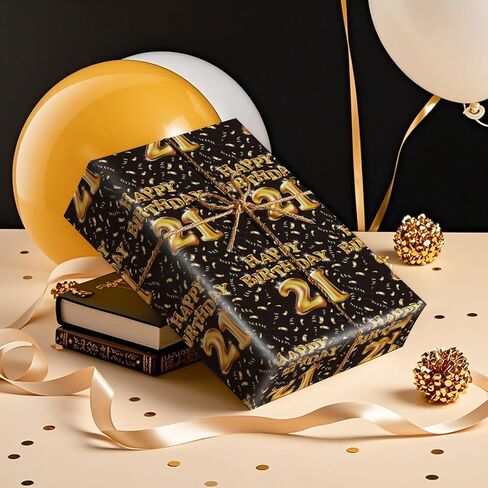 لفة ورق تغليف عيد الميلاد الحادي والعشرين من WRAPAHOLIC - لفة صغيرة - 17 بوصة × 16.5 قدم - بالونات سوداء وذهبية، ورق تغليف عيد ميلاد سعيد مثالي للرجل، والحفلات، والعطلات in Kuwait