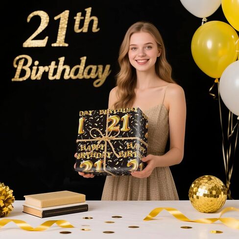 لفة ورق تغليف عيد الميلاد الحادي والعشرين من WRAPAHOLIC - لفة صغيرة - 17 بوصة × 16.5 قدم - بالونات سوداء وذهبية، ورق تغليف عيد ميلاد سعيد مثالي للرجل، والحفلات، والعطلات in Kuwait