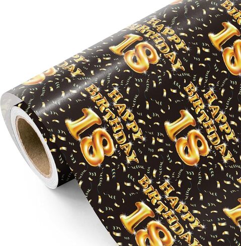 لفة ورق تغليف عيد الميلاد الحادي والعشرين من WRAPAHOLIC - لفة صغيرة - 17 بوصة × 16.5 قدم - بالونات سوداء وذهبية، ورق تغليف عيد ميلاد سعيد مثالي للرجل، والحفلات، والعطلات in Kuwait