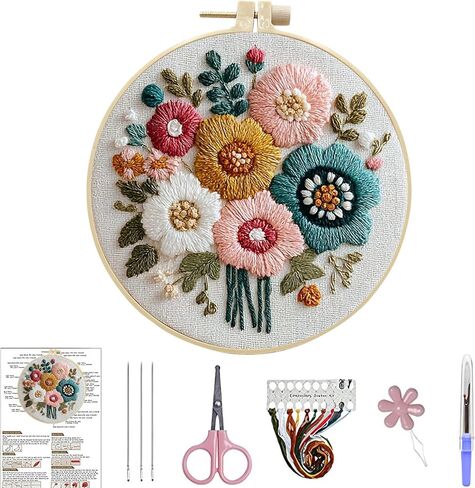 مجموعات زخرفة نمط الزهور المطرزة، مع حزمة مواد DIY، مجموعة المبتدئين بالإبرة DIY مع تعليمات سهلة للبالغين-Floral-4 in Saudi Arabia