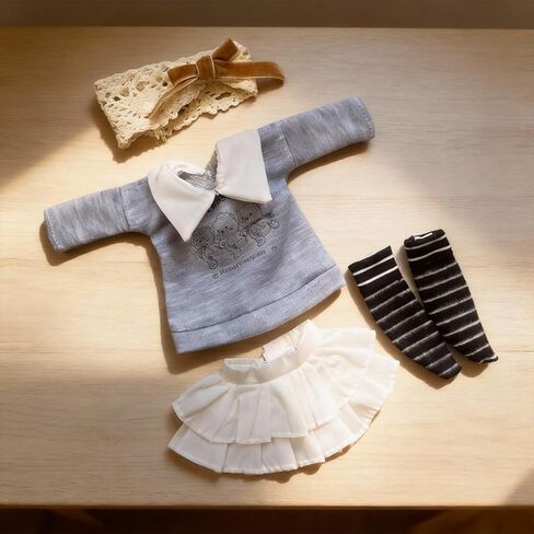 1/6 YoSD BJD Figure Outfit Set for 30cm Collectible – Soft Grey-Blue Sweater, Layered White Skirt & Crochet Headband, Doll Not Included in Saudi Arabia